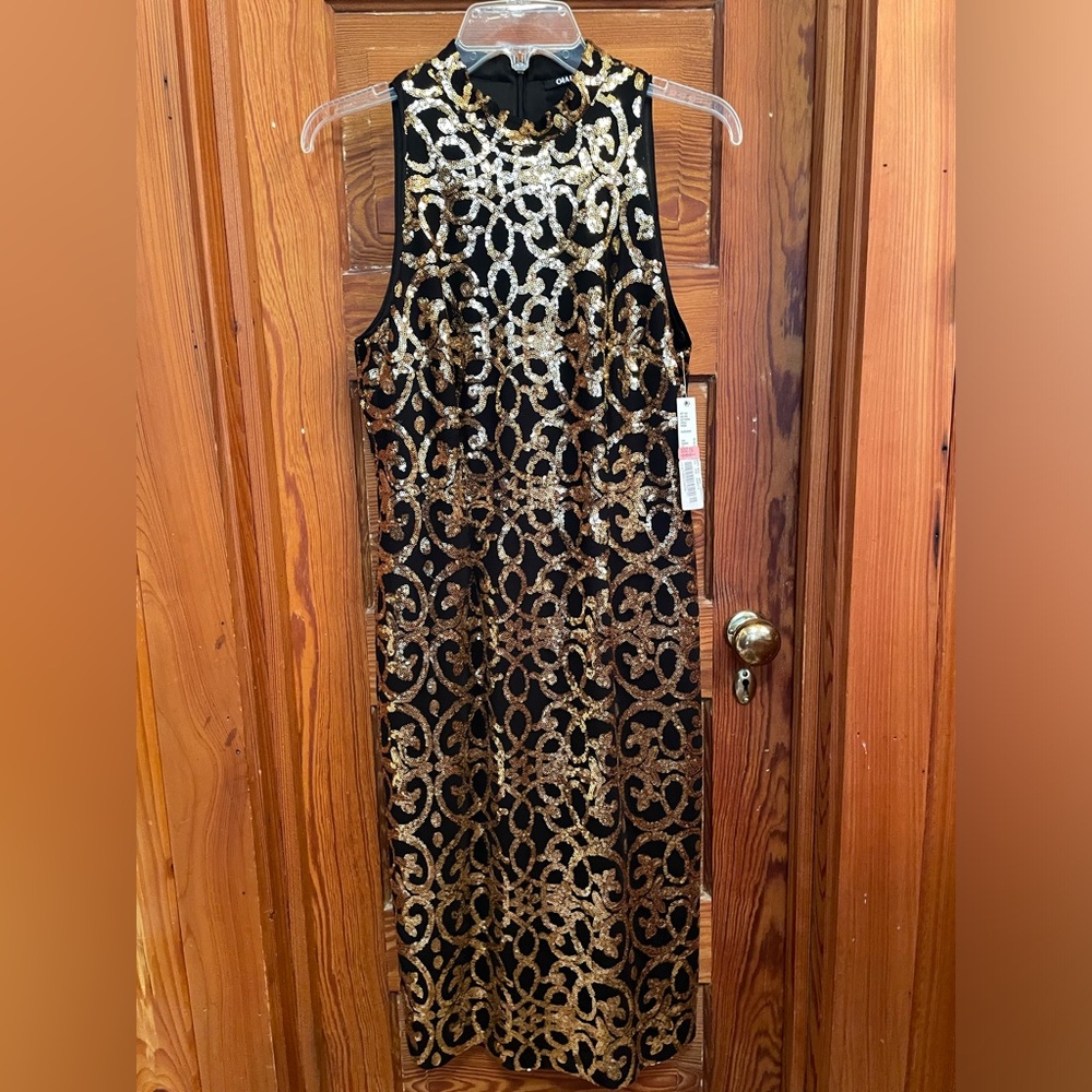 NWT Gianni Bini fitted black & gold NOLA Saints sequined dress